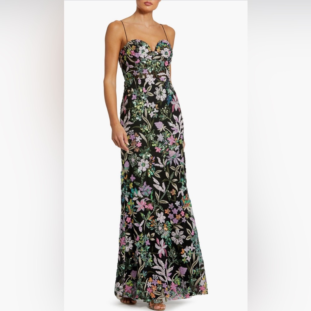 Mac Duggal Spaghetti Strap Bustier Embroidered Applique floral sequin Gown Sz 6 - Picture 1 of 16